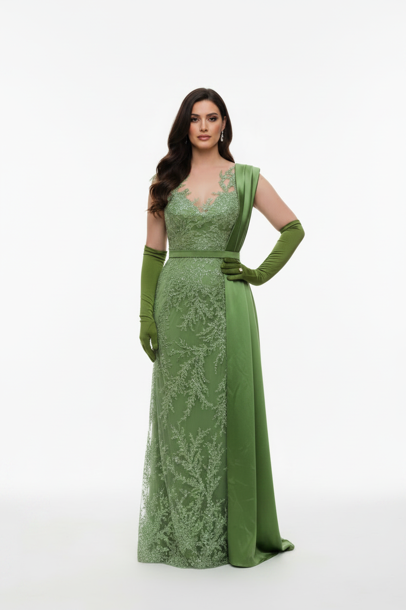 Green beaded dress for rent